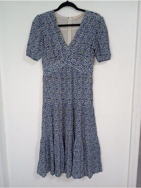 Tory Burch Floral Silk Cotton Midi Dress Puff Sleeves V-Neckline Womens Sz 2